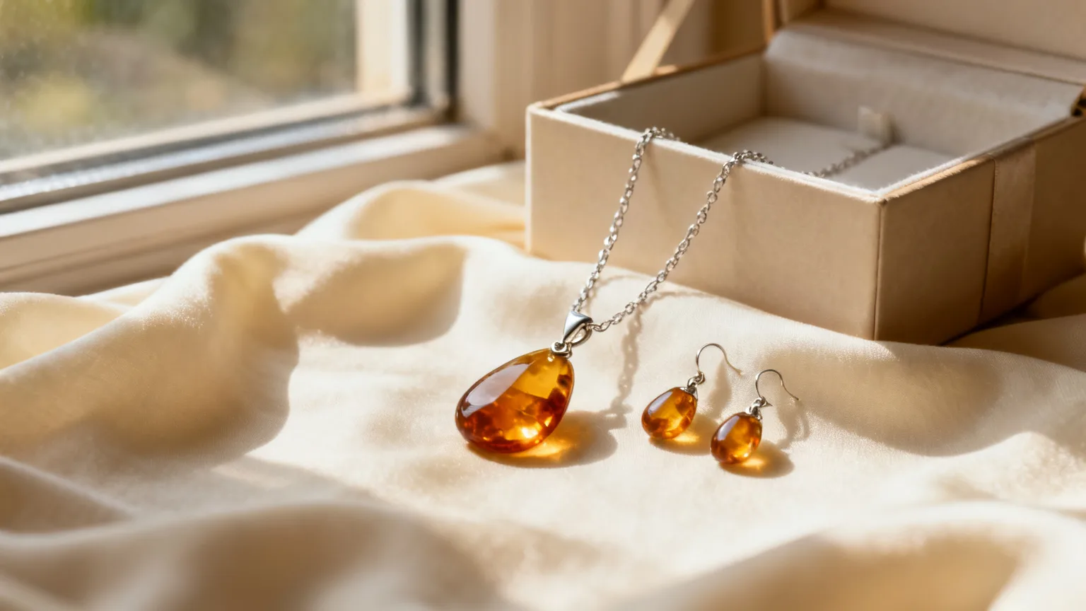 Pendentif goutte en ambre cognac sur chaîne argent et boucles d'oreilles assorties sur lin crème, près d'un écrin ouvert