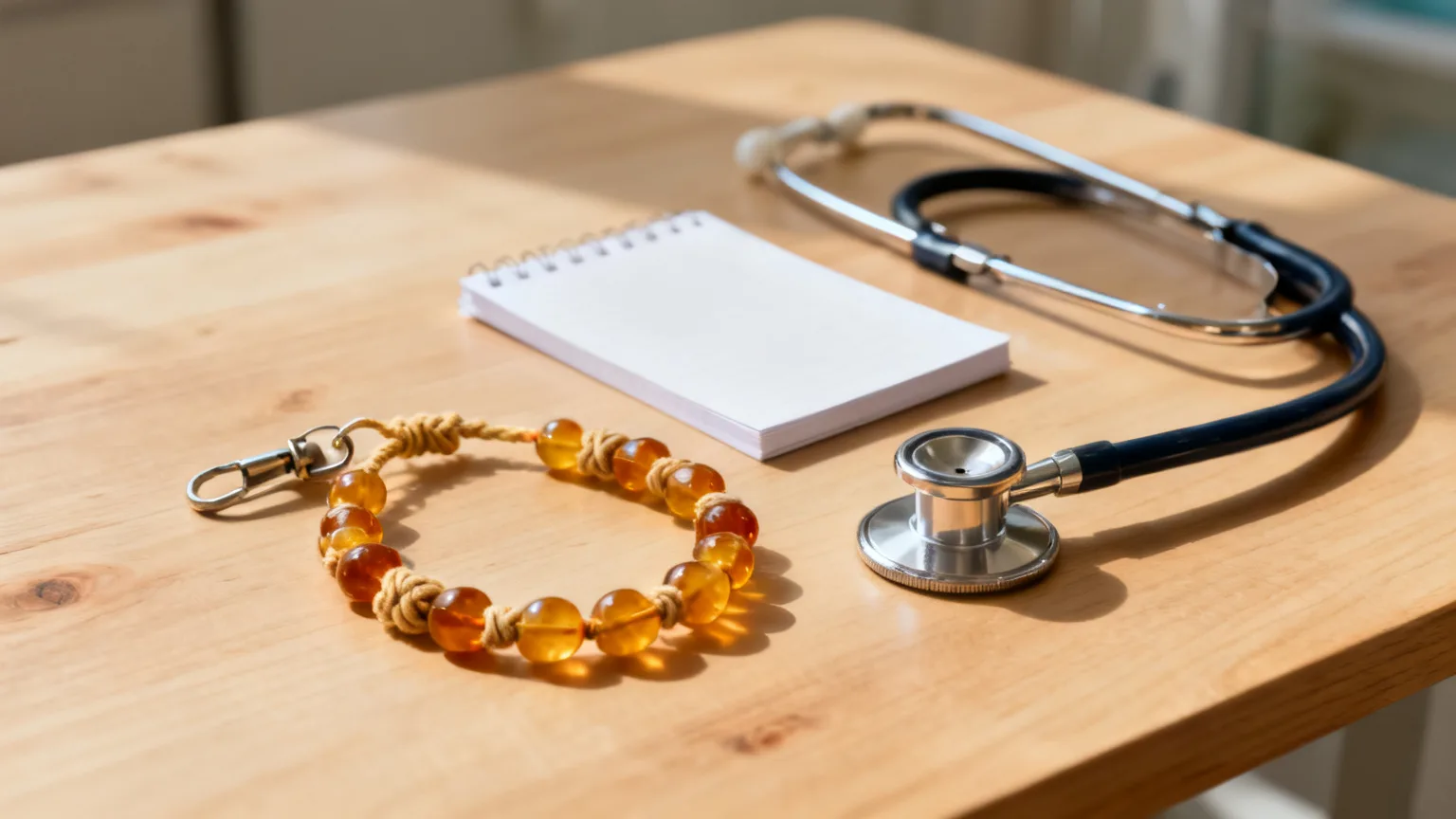 Collier d'ambre pour bébé aux perles nouées posé sur une table en bois à côté d'un stéthoscope et d'un carnet