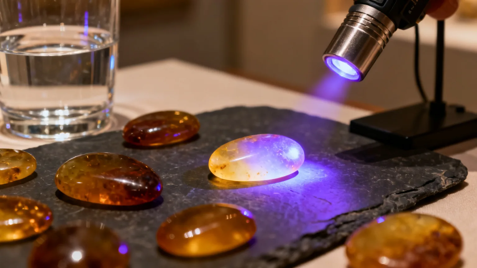 Cabochons d'ambre de la Baltique miel et cognac sur ardoise, l'un en fluorescence bleu-violet sous lampe UV, à côté d'un verre d'eau